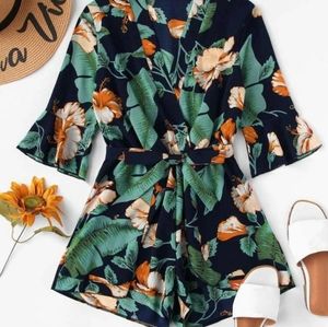 Green floral print short sleeve ruffle romper